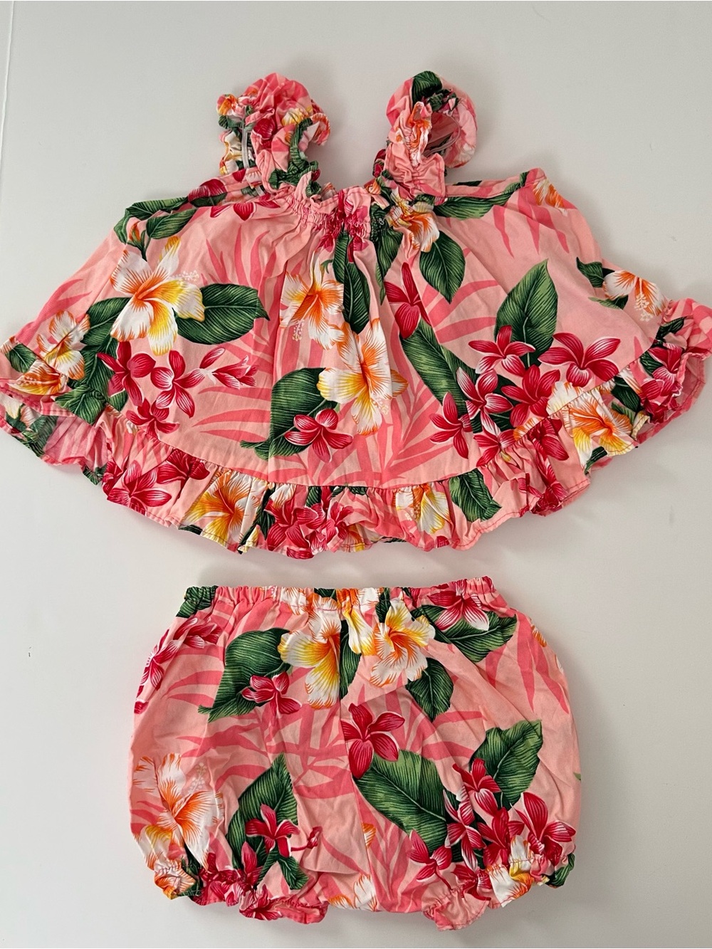 NWOT RJC Pink Floral Ruffle Hawaiian Dress for Baby Girl Matching‎ Set Size 12M